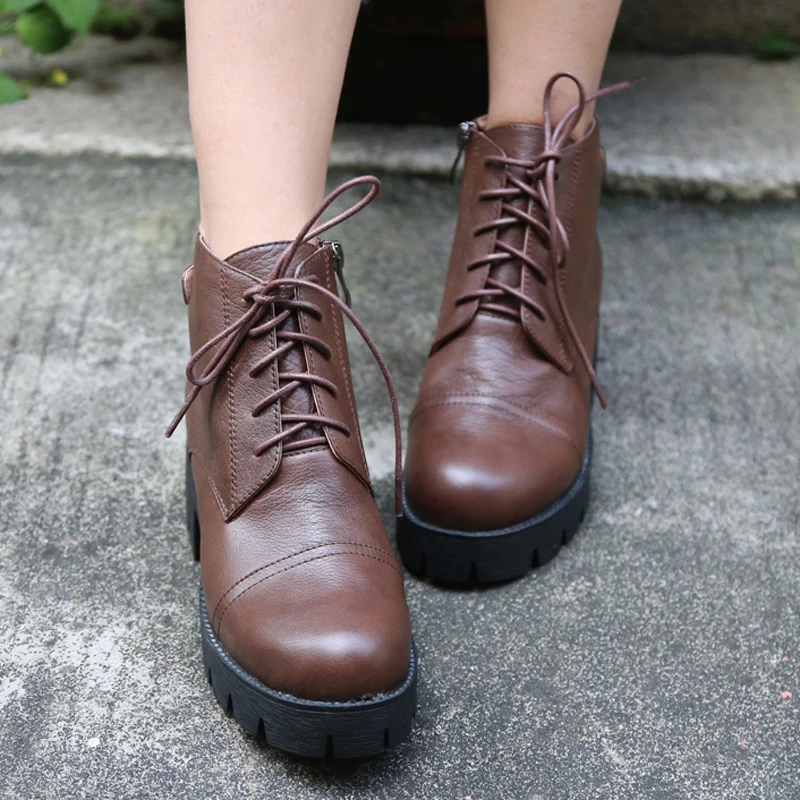 

Grain Leather Handsome Lace-up Martins Boots Autumn and Winter Thick Bottom Zipper Ankle Boots Women's Boots