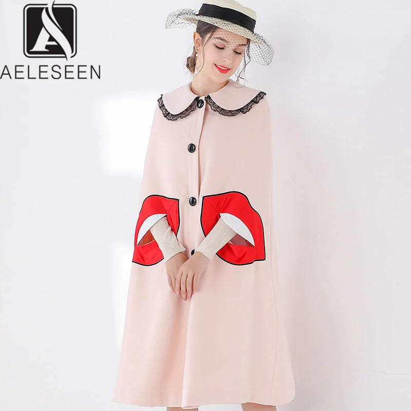 

AELESEEN 2020 New Design English Cloak Women Luxury Lace Turn-Down Collar Single Breasted Sweet Pink Sleeveless Lips Print Coat