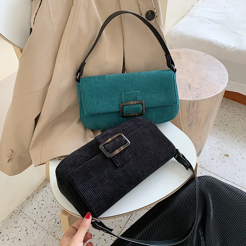 

Retro Baguette Shoulder Bag Women Designer Simple PU Solid Button Hasp Belt Small tote Handbag Corduroy Female Simple Casual