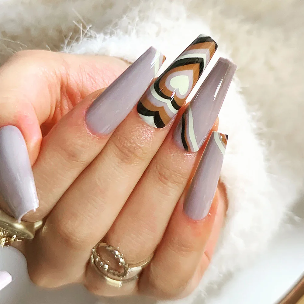 24pcs Long Ballerina False Nail Wave Series Peach Heart Coffin Fake Nails Full cover Glue DIY Manicure Art Tools | Красота и здоровье