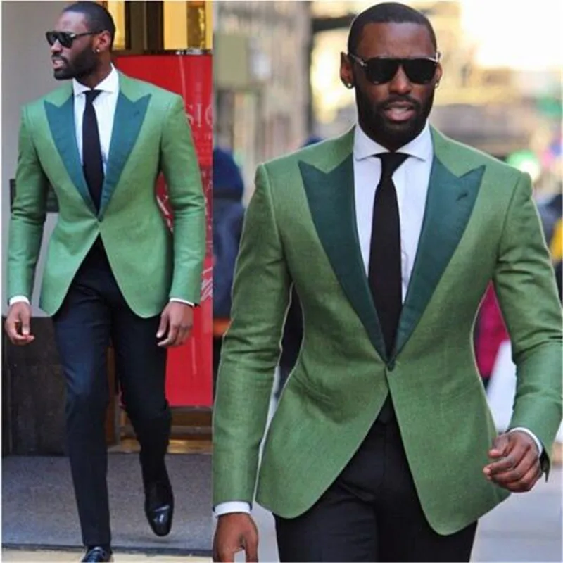 

New Green One Button Peak Lapel High Quality Groom Tuxedos Bridegroom Suits Groomsman Blazer For Man (Jacket+Pant+Tie)