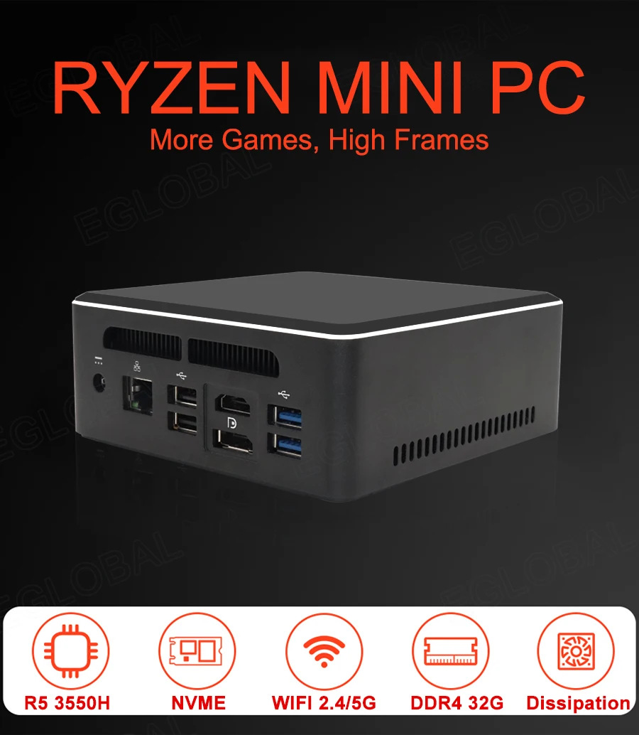 Мини-ПК AMD Ryzen R5 2500 3550H R7 2700U Vega 10 Graphics 2 * DDR4 M.2 NVMe игровой компьютер с Windows 4K HTPC HDMI2.0 DP AC