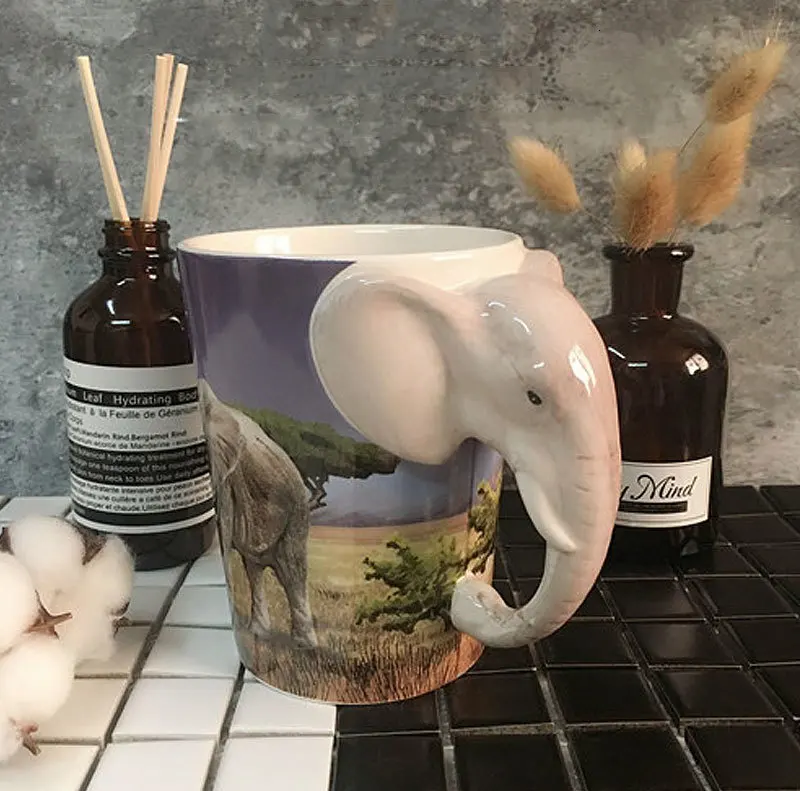 Керамическая чашка для чая, слон, попугай, студенческий чайный набор, ручная роспись, животный узор, чашка для воды, украшение для офисного стола