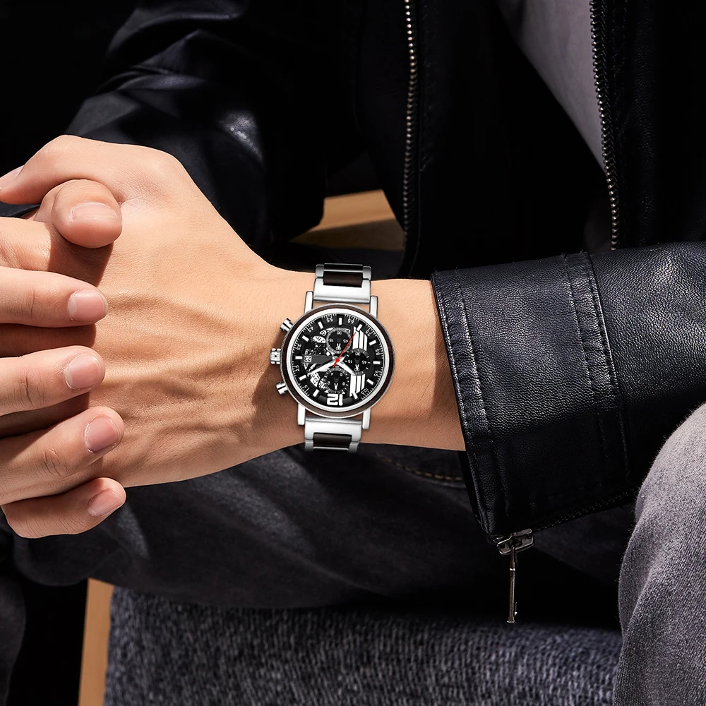 relogio masculino Gold Luxury Men Watch Metal Wooden Chronograph Wristwatch Quartz Timepiece Custom Steel Dial  Christmas Gift