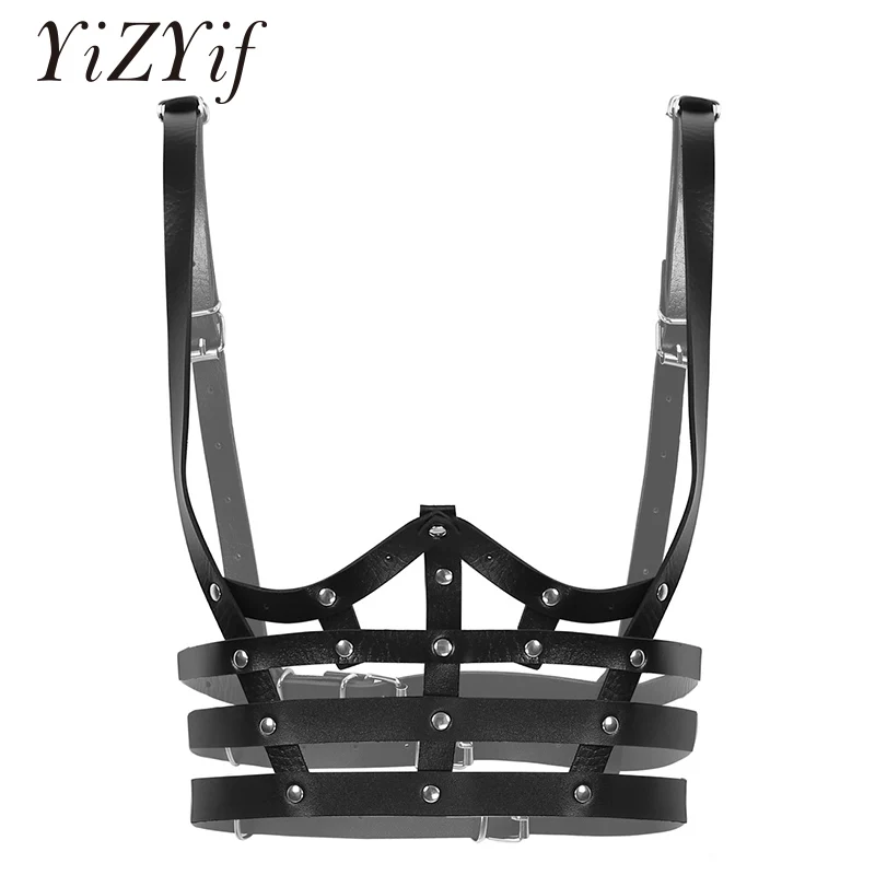 

Punk Gothic Garters Faux Leather Body Chest Bust Harness Bra Adjustable Belly Waist Belts with Buckles Roleplay Costume Clubwear