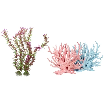 

4 Pcs Artificial Fish Tank Decoration for Underwater Fish Tank, 2 Pcs Purple Green Plant & 2 Pcs Pink-Blue Coral