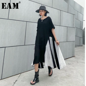 

[EAM] Women Black Lace Split Joint Big Size Dress New Round Neck Half Sleeve Loose Fit Fashion Tide Spring Summer 2020 1U073