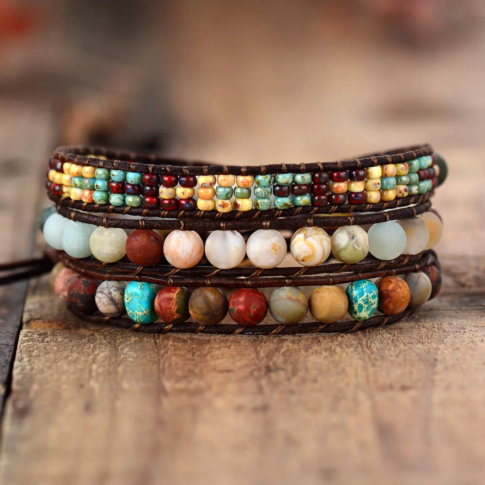 New Vintage Wrap Bracelets W/ Frosted Stone Beaded Triple Statement Bracelet Bijoux Femme Bohemian Beads Jewelry