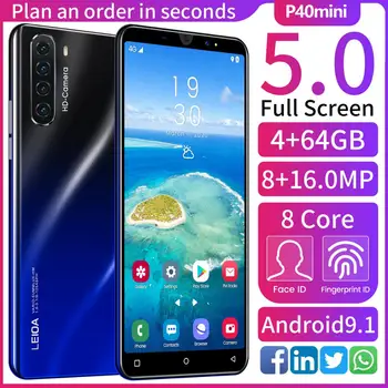 

Hot Sell New 5.0 inch P40 mini Smart Android 9.1 Face ID Octa Core 4 Camera 4G Global Version smartphone Send mobile phone case