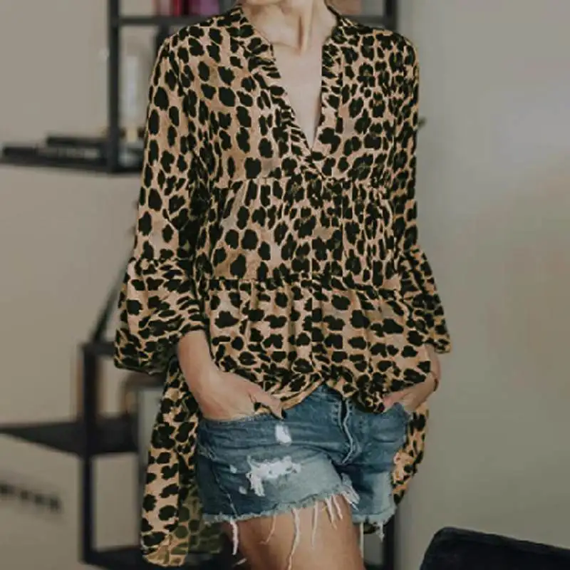 Женская сексуальная леопардовая блузка с длинным рукавом и v-образным вырезом, Женская Офисная рубашка, плиссированный Повседневный Свободный Топ размера плюс, Blusas Feminina 7