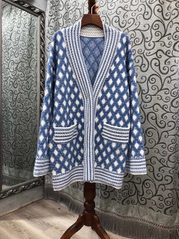 

2020 fall/winter new women's V-neck diamond woven color matching symmetrical button-off loose long-sleeved cardigan sweater 814