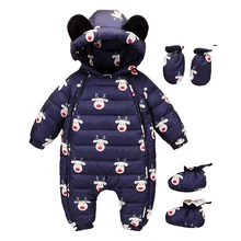 Зимняя одежда для русской зимы для маленьких мальчиков и девочек Комбинезон, цельный комбинезон, перчатки, Рождественский олень Санты для младенцев, новогодний пуховик на утином пуху, 80