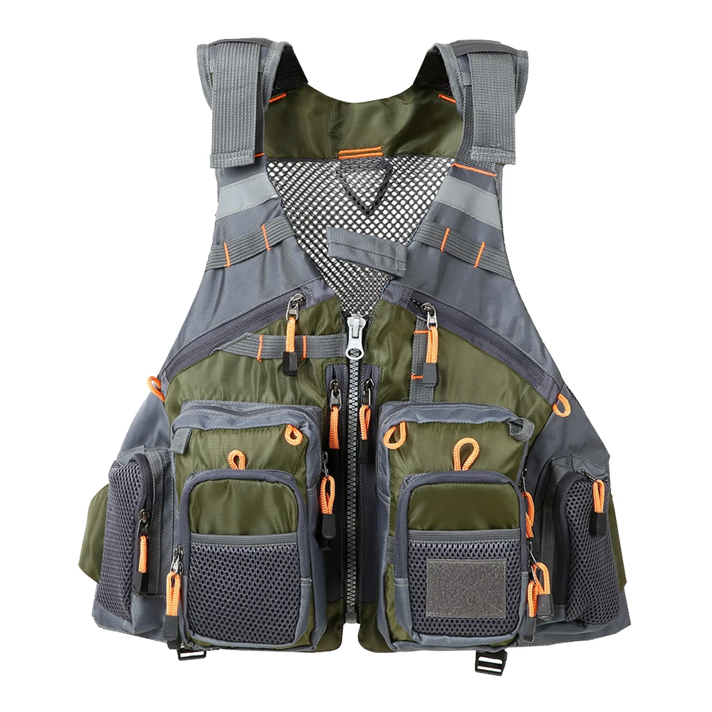 Adjustable Fly Fishing Vest Adjustable Mesh Vest with 13 Pockets Holder Strap Cord Back Zipper Bag