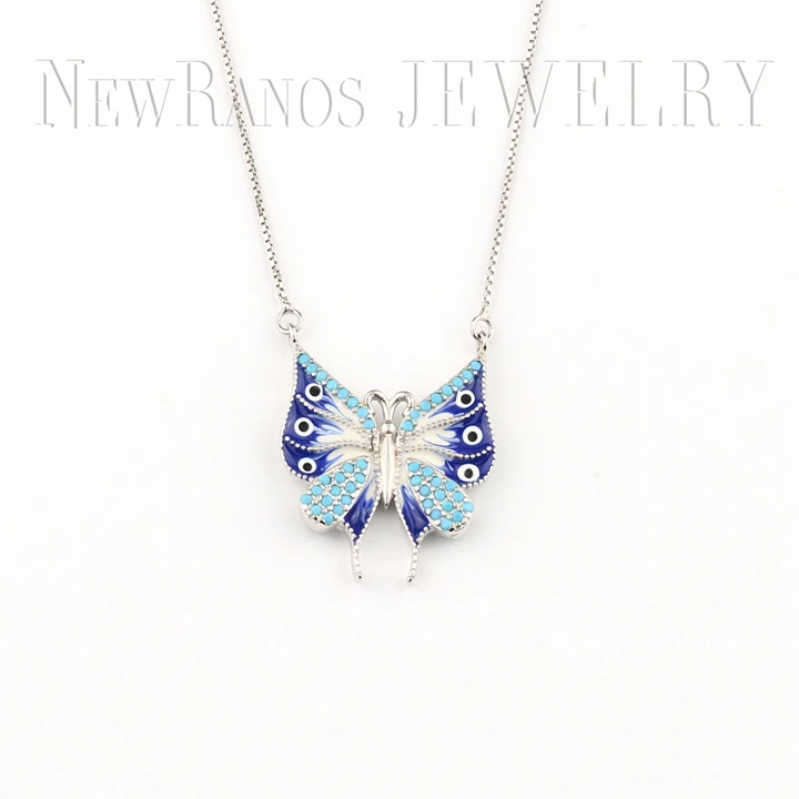Newranos 925 пробы Серебряная синяя бабочка кулон ожерелье красочный CZ циркония Эмаль ожерелье Женские Ювелирные изделия NYX0061242