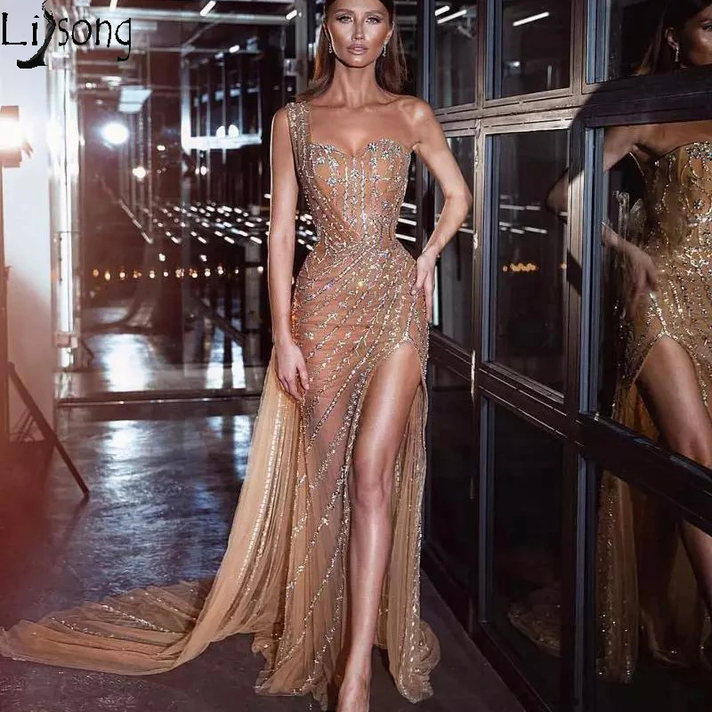 Prom Dresses Illusion Gold Mermaid Evening Dresses With Crystal Beaded Sexy Side Split One Shoulder Prom Dress 2020 Luxury Long Formal Gowns rose gold prom dress