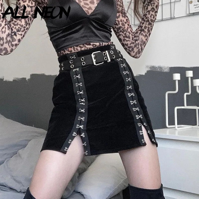 

ALLNeon Mall Goth Buckles Black Velvet Skirts Y2K Fashion High Waist Split A-line Mini Skirts E-girl Aesthetics Outfits Women