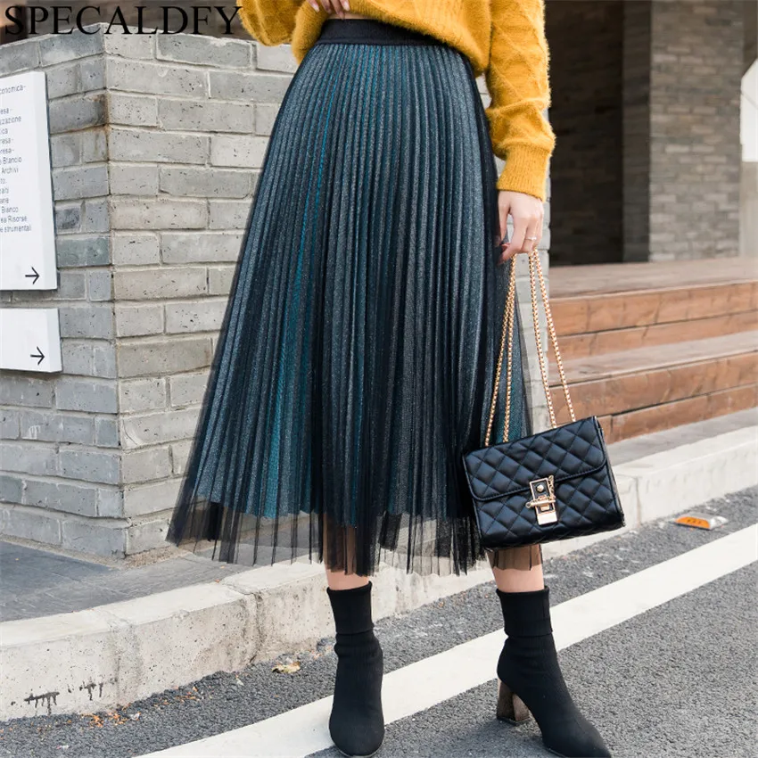 Весенняя модная блестящая Тюлевая юбка для женщин, блестящая длинная Плиссированная черная юбка-пачка, сетчатая юбка средней длины для женщин, Saia Falda Mujer