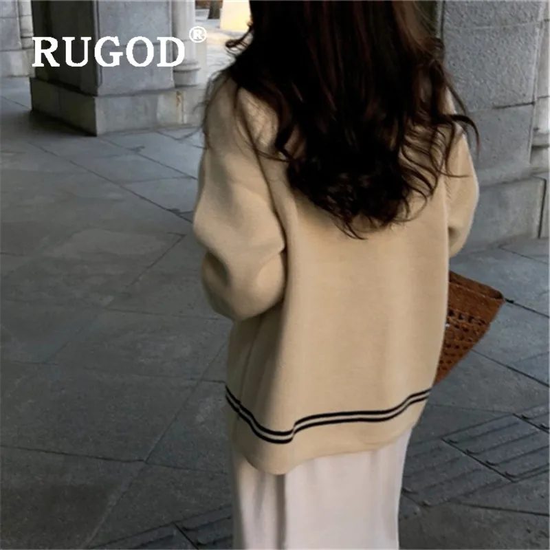 RUGOD New autumn winter warm sweater cardigans for women turn down collar stripe loose knit coat fashion femal korean top