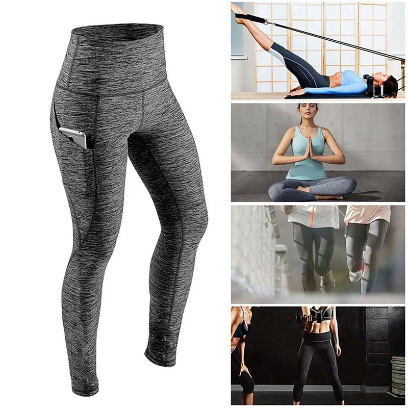 

Sports Gym Long Pants Ladies Solid Color High Waist Fitness Hip Lifting Pants Side Pocket Running Yoga Pants