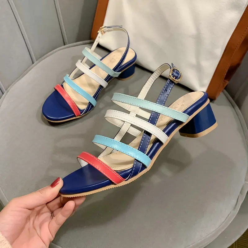 

2020 Square High Heel All Match Sandals Summer PU Leather Buckle Women Shoes Open-toed Fashion Ladies shoes Big Size 29-46