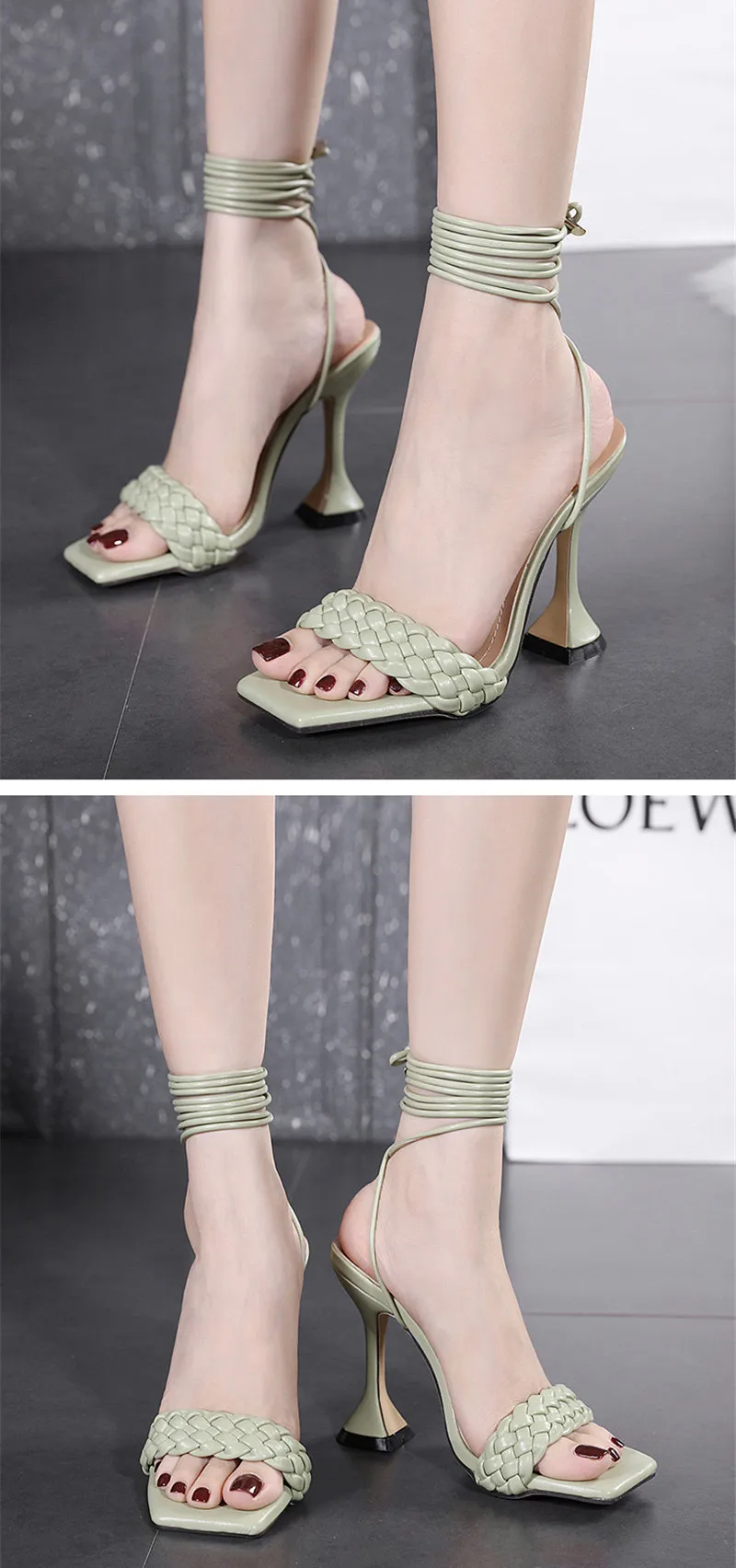 New Design Weave Sandals Spike Heels Women High Heels Square Open Toe Ankle Strap Summer Ladies Elegant Dress Shoes