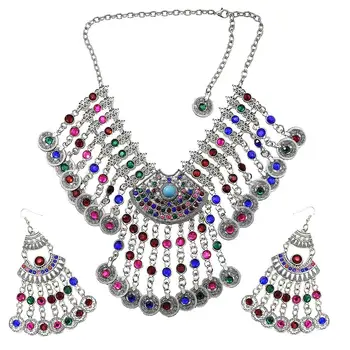 

Boho Antique Coin Jewelry Set for Women African Statement Tibetan Tassel Bohemian Maxi Necklace Earrings Jewerly Set Women