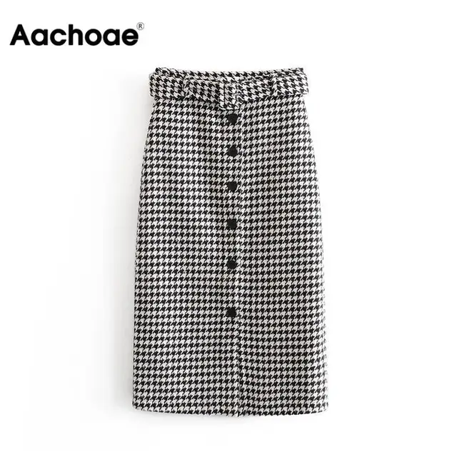 US $16.05 Aachoae Women Skirts Vintage Elegant Tweed Houndstooth Midi Skirt With Belt Fashion Office Ladies C