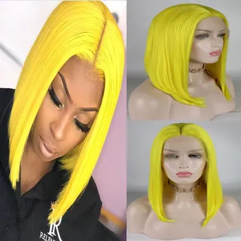 

Bomshell Short Straight Bob Bright Yellow Synthetic Hair Lace Front Wig Heat Resistant Fiber Hair Middle Parting For Women Wigs
