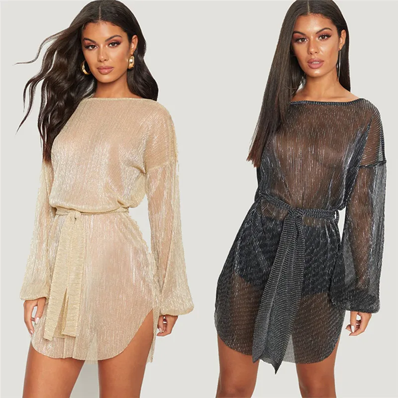 

Women Dress Perspective Mesh Bodycon Summer Autumn Long Sleeve Dress Sexy Mesh Party Dresses Vestidos Bandage Beach Dress