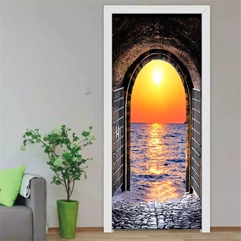 

PVC Waterproof Self-adhesive Door Sticker 3D Space Tunnel Sunset Seascape 3D Wallpaper For Living Room Bedroom Door Decor Decals
