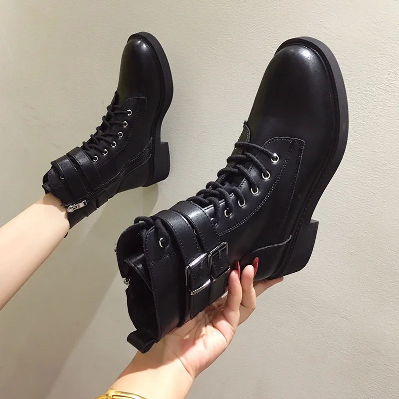 Зимние кожаные ботинки; женская обувь с круглым носком; Zapatos De Mujer; ботинки на шнуровке; женская обувь на квадратном каблуке с пряжкой и ремешком; Buty Damskie - Цвет: leather lining