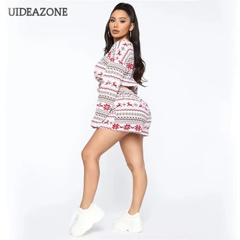

UIDEAZONE Xmas Deer Geometry Print Women Two Piece Set O Neck Long Sleeve Crop Pullovers Shorts Sets Woman Suits 201 Christmas