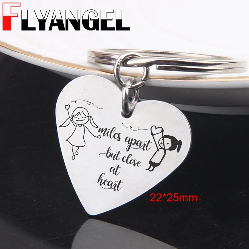 

FLYANGEL Heart Keychain Best Friends Keyring Engraved Miles Apart But Close At Heart Lng Distance Sister Friends Key Tag Gifts