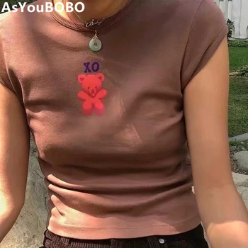 

Women Bear Print Crop Tee Short Sleeve Slim Fit T-shirt uf vintage letters Flocking high grade cotton tee YQ-1145