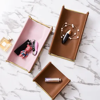 

1Pc Plain Leather Tray Ornament Decoration Iron Bracket Storage Organizer Tray Catchall Tray