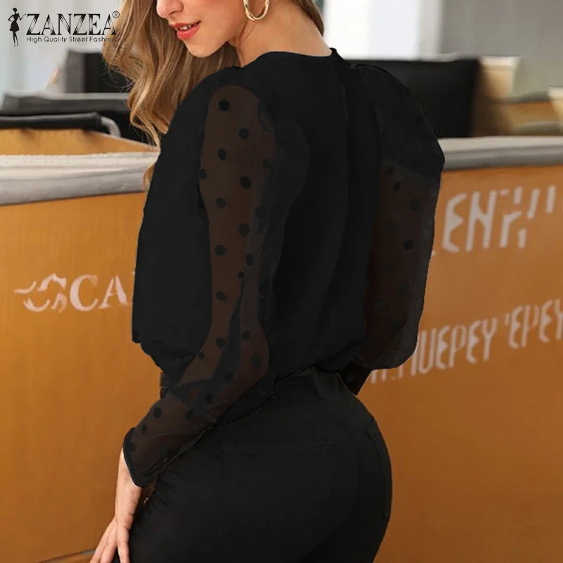 ZANZEA, элегантные офисные рубашки, модная блуза в горошек с длинным рукавом, Весенняя женская сетчатая туника, топы, женские блузки белого цвета