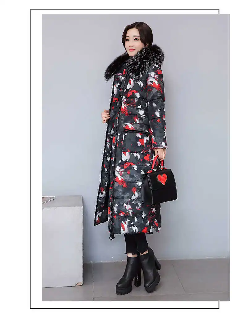 Женская зимняя длинная парка, пальто, куртка с меховым воротником, Abrigos Mujer Invierno, с капюшоном, с цветочным принтом, хлопковая камуфляжная верхняя одежда, Wakeey