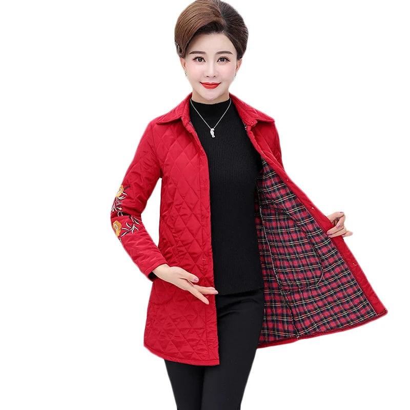 

Middle-aged women's Plus cotton Warm Embroidery Shirts Autumn Winter Plus size Women's Casual long Cotton Jacket Coat 5XL F925