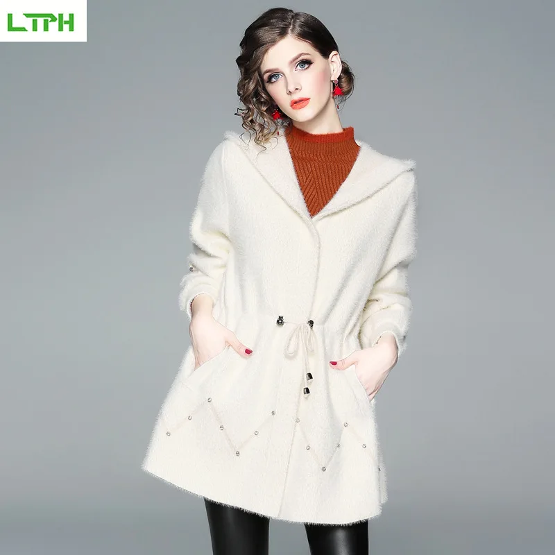 

2019 winter new elegant high-end women's cardigan hooded solid color lantern sleeves Beading Drawstring slim Wild cashmere coat