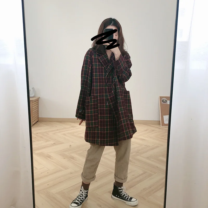 Mooirue женское длинное шерстяное пальто Plaidd тонкий решетчатый утепленный костюм Свободное длинное хлопковое Стеганое пальто