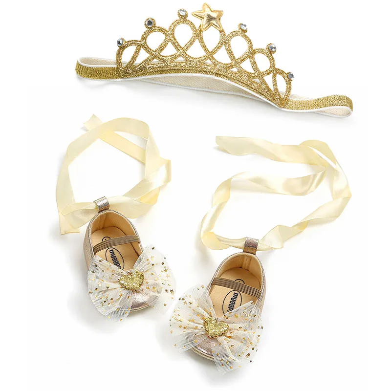New Cute Unicorn Crown Flower Newborn Baby Shoes Headband Set Soft Soled Anti Slip Baby Girl Shoes Todder Shoes Girls Princess