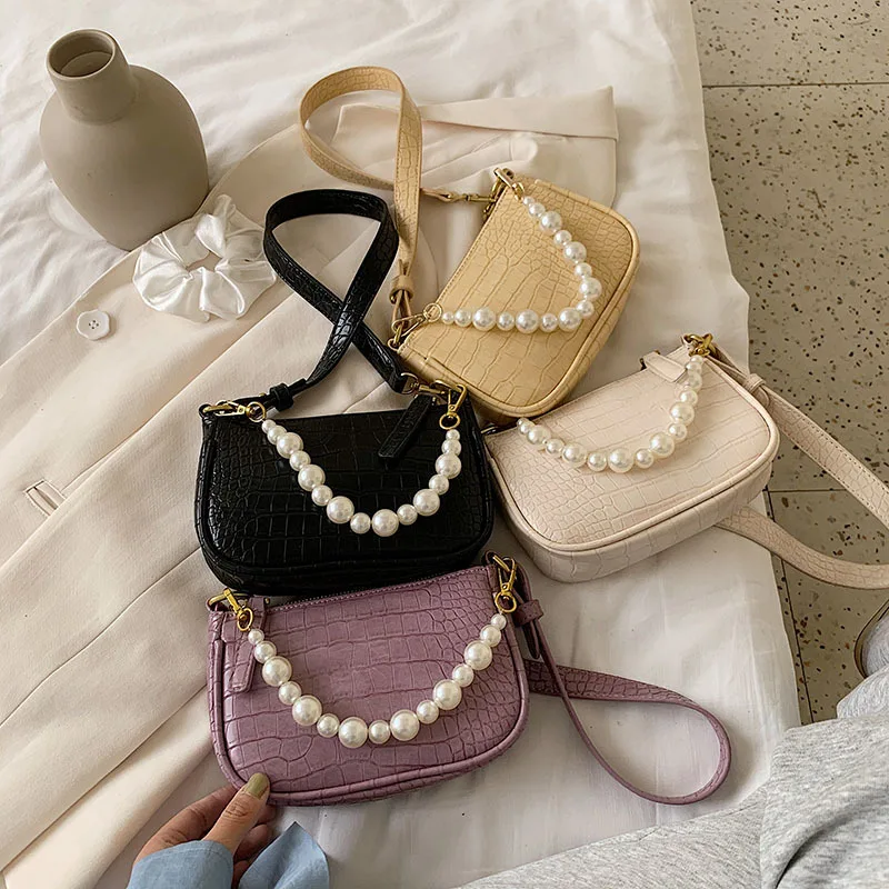 

Summer 2020 new Korean style foreign style all-match pearl handbag female crocodile pattern solid color fashion one-shoulder bag