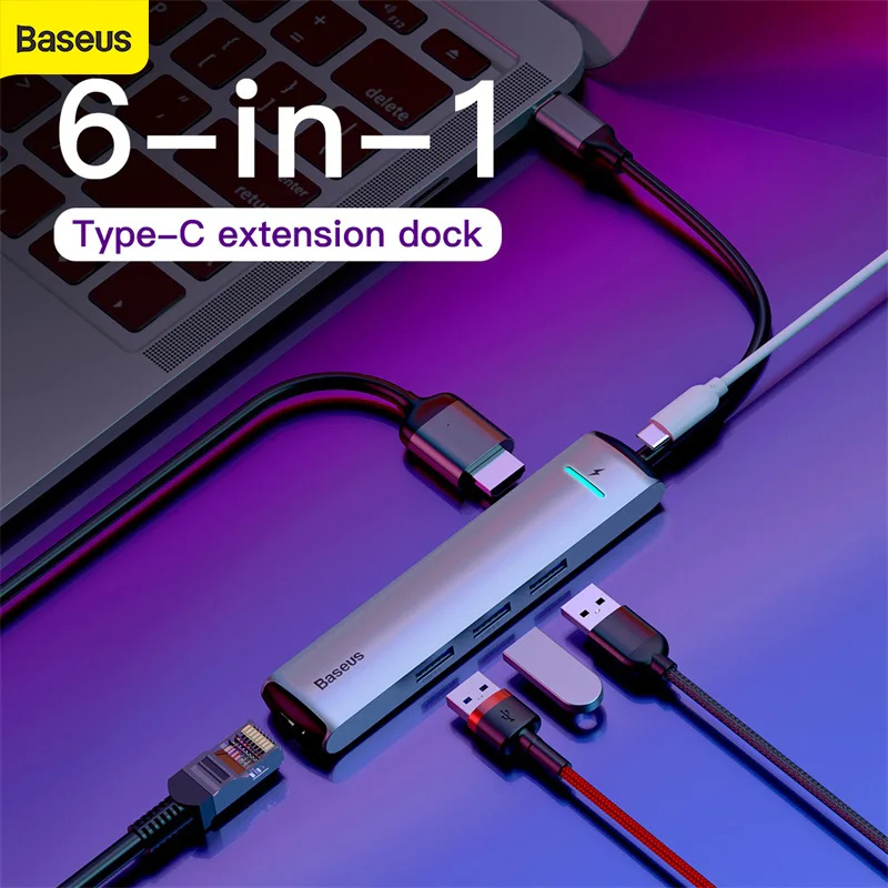 Splitter Adapter Docking Station Computer Type-C-Hub Baseus 6-In-1-Port-Hub Phone Usb3.0 Rj45