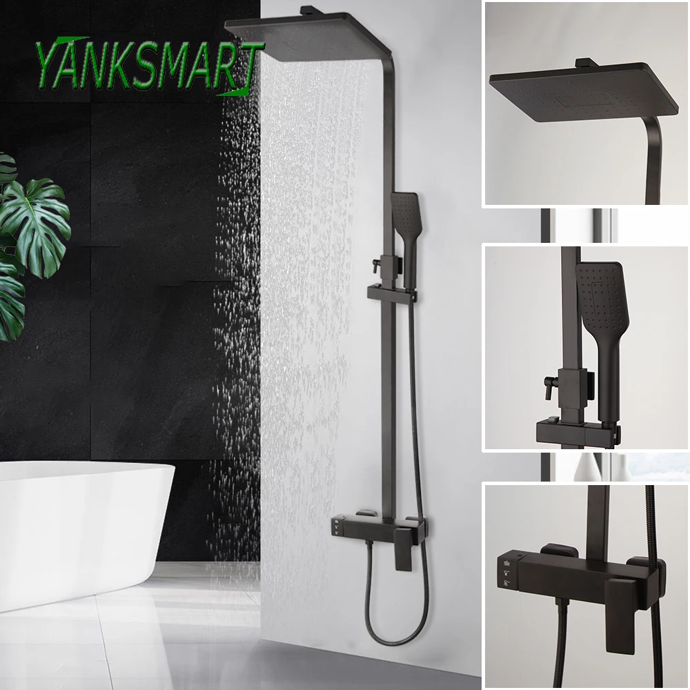 

YANKSMART Matte Black Bathroom Shower Faucet Bathtub Wall Mounted Rainfall Shower Head Dual Handles Mixer Shower Combo Kit