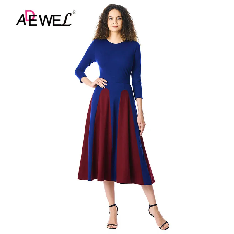 blue ADEWEL платье средней длины с круглым вырезом и рукавом 3/4, с карманами, на молнии, модное элегантное вечернее платье, синее Плиссированное женское платье для работы, офиса, Vestidos - Цвет: blue
