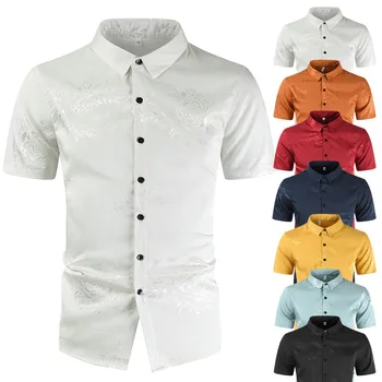 

Summer Cotton Button Shirt Men Casual White Embroidered Collar Shirt Short Sleeve Floral Print Male Social Party Shirt Plus Size