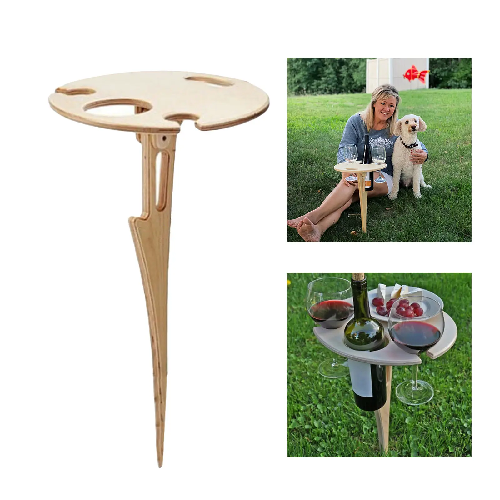Portable Outdoor Wine Table, Beach Sand Grass Wooden Wine Bottles Cups Support Rack Holder, Snack & Cheese Tray