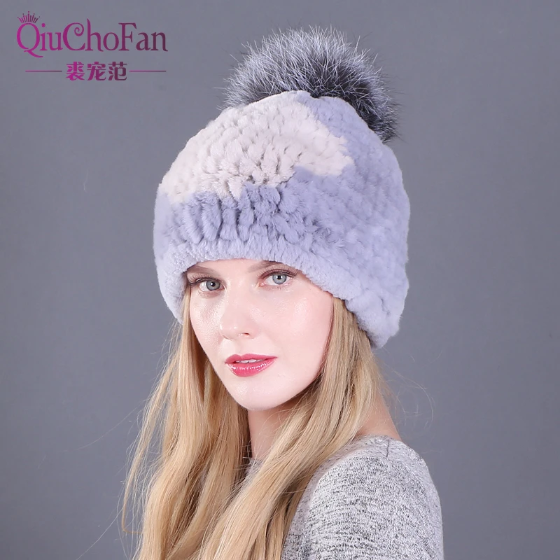 

Winter Fur Hat for Women Real Rabbit Fur Hats with Fur Pompom Knitted Beanies New Female Fur Caps Skullies & Beanies For Women