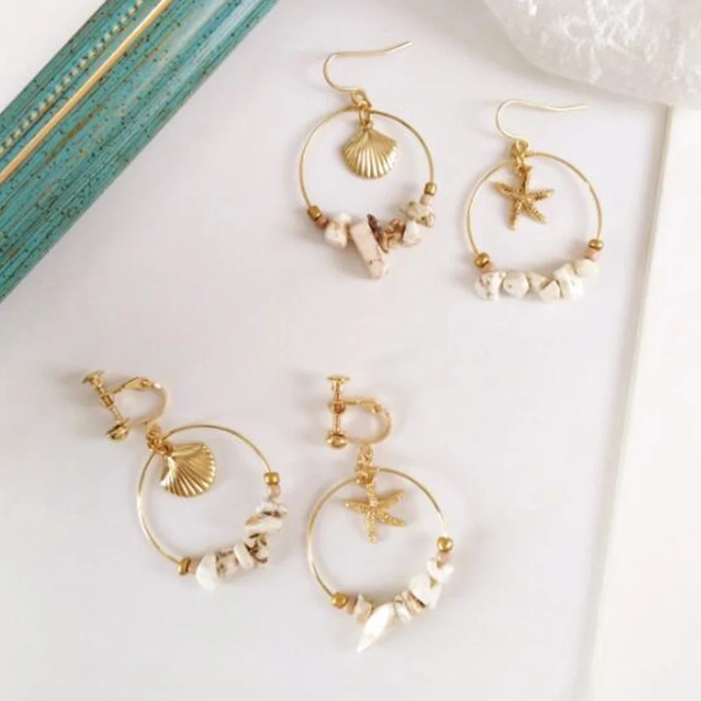 

Vintage Gold Alloy Sea Shell Sterfhish Dangle Earings For Women Round Circle With Stone Beads Earrings Summer Jewelry