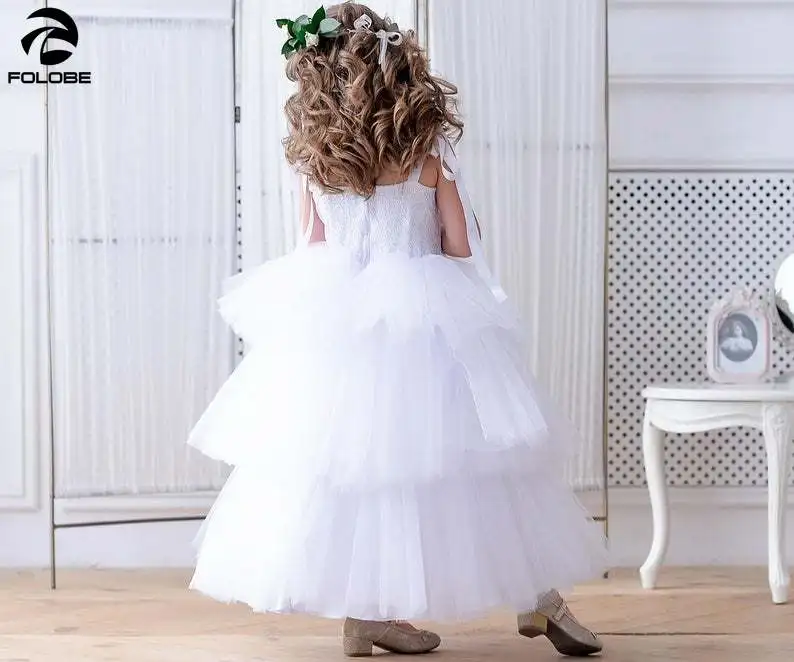 White flower girl dress tulle Junior bridesmaid gown ankle length cupcake toddler formal dresses for wedding with beads sashes